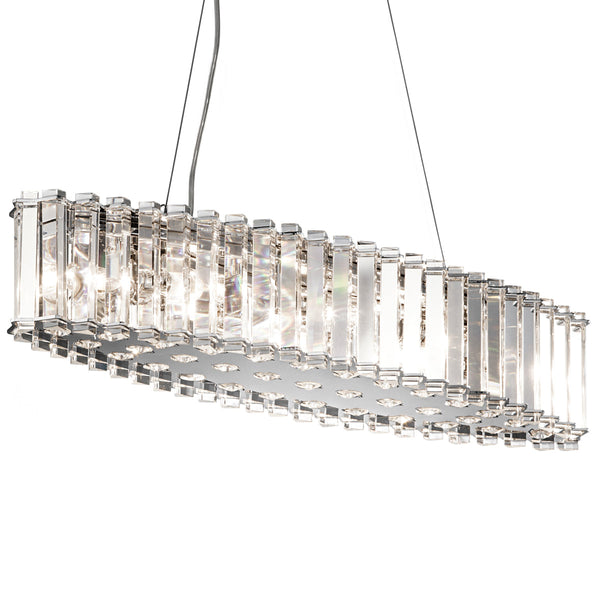 Elstead Skye 6-Light Rectangular Pendant Light in Polished Chrome features triangular crystal prisms, a modern sleek design, and height adjustability, making it a stunning addition to dining rooms, bathrooms, and contemporary interiors.