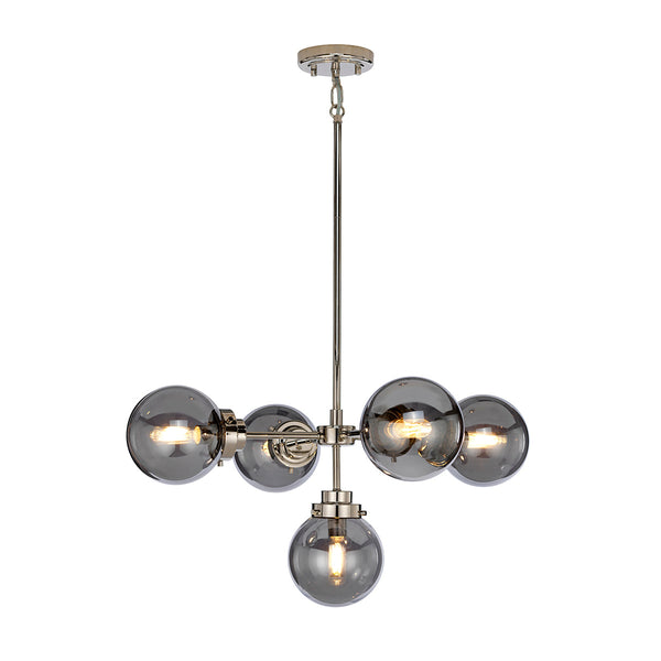 This Elstead Kula polished nickel 5 light chandelier with mirror globe shades is contemporary and stylish. Circular mount, sectional rod suspension, and 67cm diameter body. Five polished nickel arms lead to Deco-style smoked mirrored globe shades that become semi-transparent when lit. Modern affordable luxury for your home.