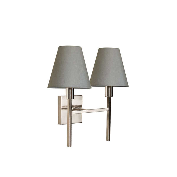 Elstead Lucerne 2 Light Wall Light with brushed nickel finish and soft grey fabric shades. Minimalist and modern, dimmable, and perfect for contemporary interiors.