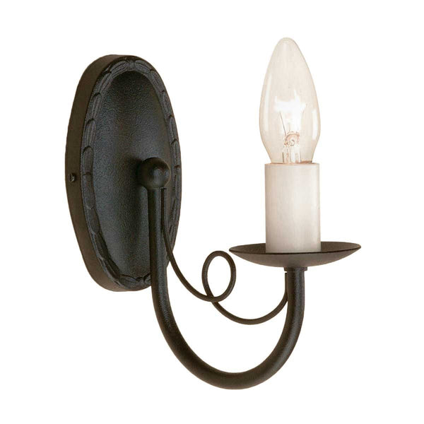 Elstead Minster 1 Light Wall Light in sleek black finish with elegant draped design. Compact steel construction, dimmable, and compatible with optional glass shades.