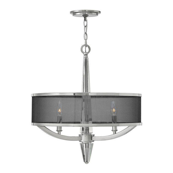 Elstead Ascher 3-Light Drum Pendant Light in Polished Nickel features stunning crystal accents and a refined organza shade, creating a luxurious and contemporary lighting statement.