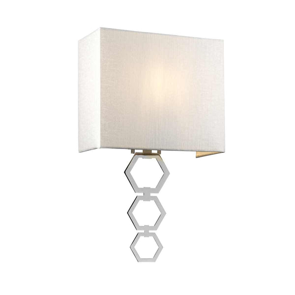 Elstead Ria Medium 1 Light Wall Light in polished chrome with a handcrafted ivory faux silk shade. Features an elegant octagonal finial and dimmable functionality for sophisticated interiors.