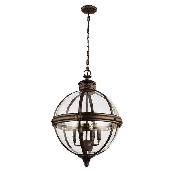 The Elstead Adams 4 Light Globe Pendant Light in Bronze features an industrial-inspired open globe frame with a rich bronze finish. Its adjustable height and dimmable compatibility make it a versatile statement piece for modern and classic interiors.