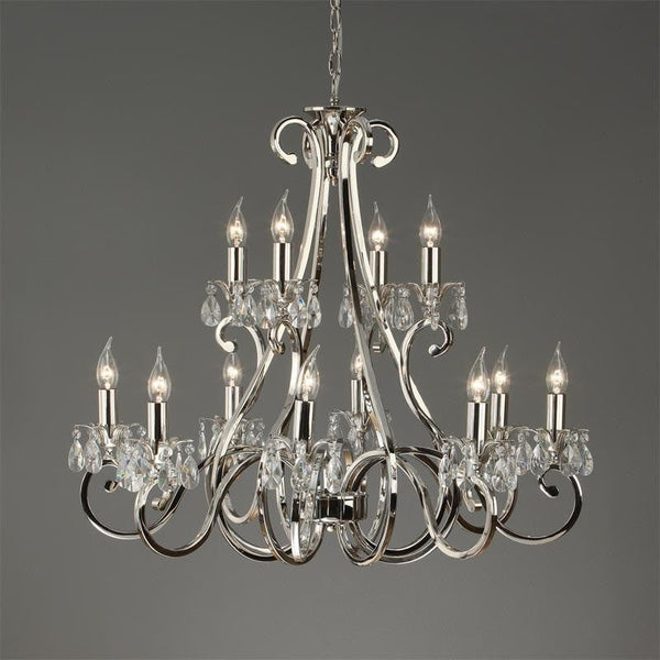 Oksana nickel polished 12 light Crystal Candle Chandelier Interiors 1900