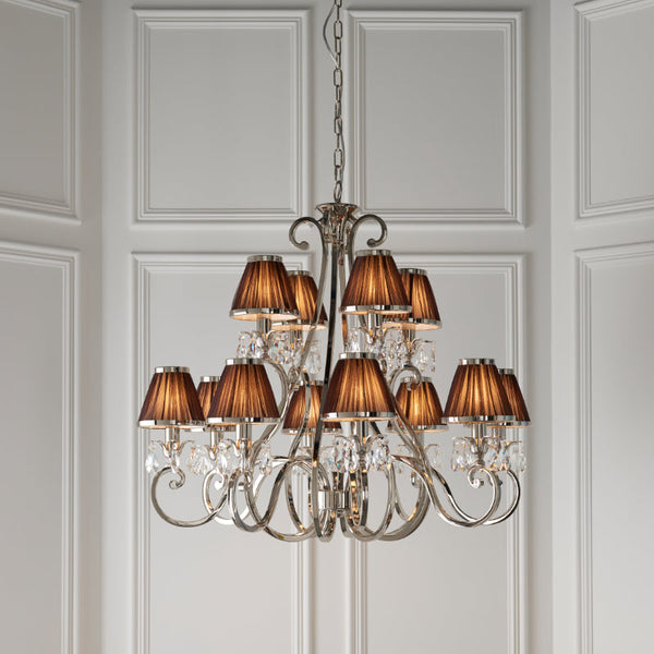 Oskana 12 light pendant candle chandelier with chocolate pleated lamp shades from our Interior 1900