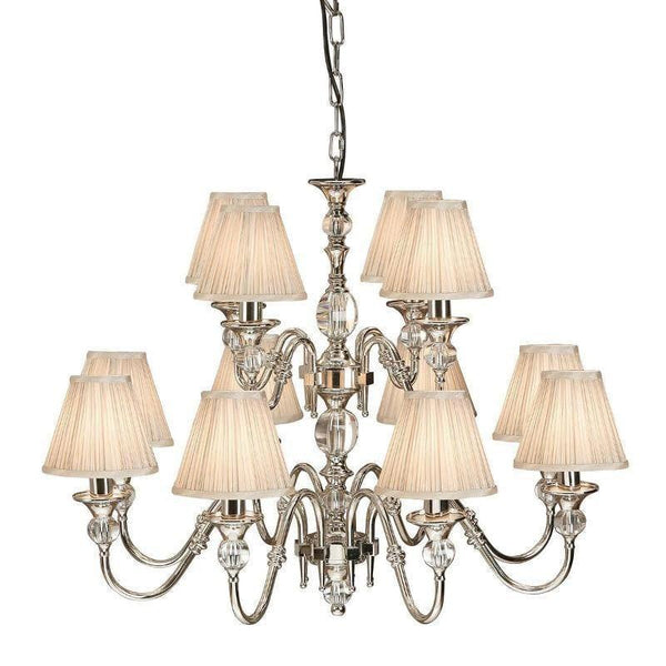 Interiors 1900 Polina 12-Light Chandelier in Polished Nickel with Beige Shades – A luxurious chandelier featuring a polished nickel finish, crystal glass inserts, and beige faux silk shades. Adjustable height (75cm-170cm), dimmable compatibility, and uses 12 x E14 bulbs (not included).