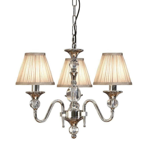 Interiors 1900 Polina 3-Light Crystal Chandelier in Polished Nickel & Beige – A classic chandelier featuring a polished nickel frame, clear crystal accents, and beige faux silk shades. Designed with three lights, adjustable height, and dimmable functionality, it’s ideal for traditional and contemporary interiors. Uses 3 x E14 bulbs (not included).
