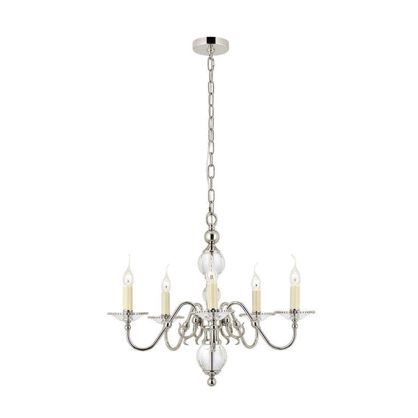 Interiors 1900 Tilburg 5-Light Crystal Chandelier in Polished Nickel – A Flemish-style chandelier featuring polished nickel metalwork, glass bobeches, crystal spheres, and white faux silk shades. Adjustable height (57cm-150cm), dimmable compatible, and uses 5 x E14 bulbs (not included).