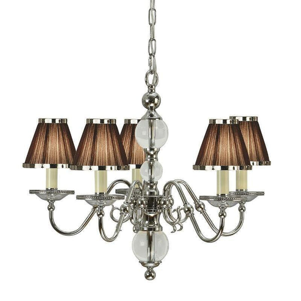 Interiors 1900 Tilburg 5-Light Chandelier in Polished Nickel with Chocolate Shades – A Flemish-inspired chandelier featuring polished nickel metalwork, glass bobeches, crystal spheres, and rich chocolate faux silk shades. Adjustable height (57cm-150cm), dimmable compatible, and uses 5 x E14 bulbs (not included).
