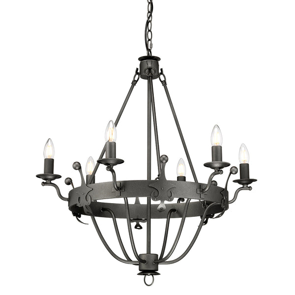 This Elstead Windsor 6 light ironwork chandelier in graphite black finish is made in Britain and boasts a crown-shaped frame and cartwheel band. Featuring a ceiling mount, chain link suspension, and sweeping frame attached by rods.