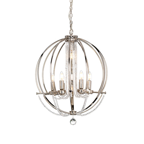 This Elstead Cassie 7 light polished nickel globe chandelier pendant with crystal swags is modern and stylish. Featuring a circular ceiling mount, chain suspension, and a polished nickel 61cm diameter globe constructed from metal bands. 