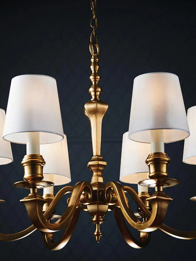 Fenbridge Cast Brass 5 Light Classic Chandelier White Silk Shades