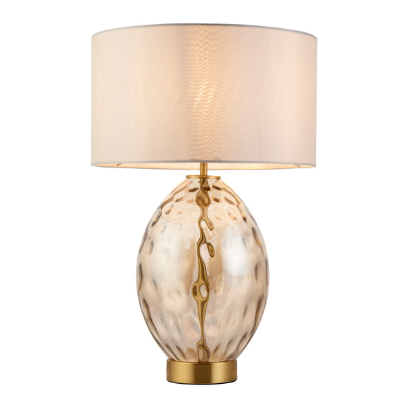 Endon Elin Dimple Touch Table Lamp in champagne glass and satin brass on a white background