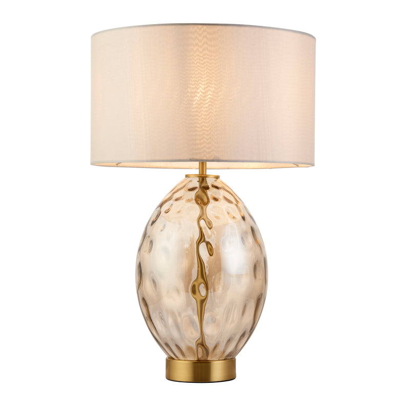 Endon Elin Dimple Touch Table Lamp in champagne glass and satin brass on a white background
