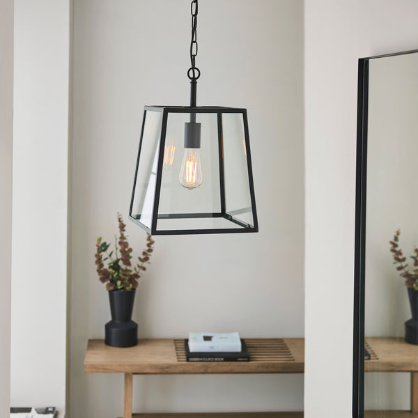 Hurst Lantern Pendant in matt black shown in a room setting