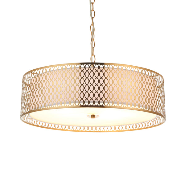 Endon Cordero 3 Light Pendant in gold fretwork with white fabric and frosted glass