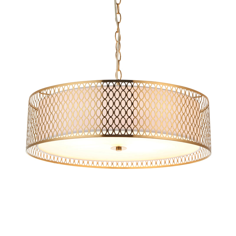 Endon Cordero 3 Light Pendant in gold fretwork with white fabric and frosted glass