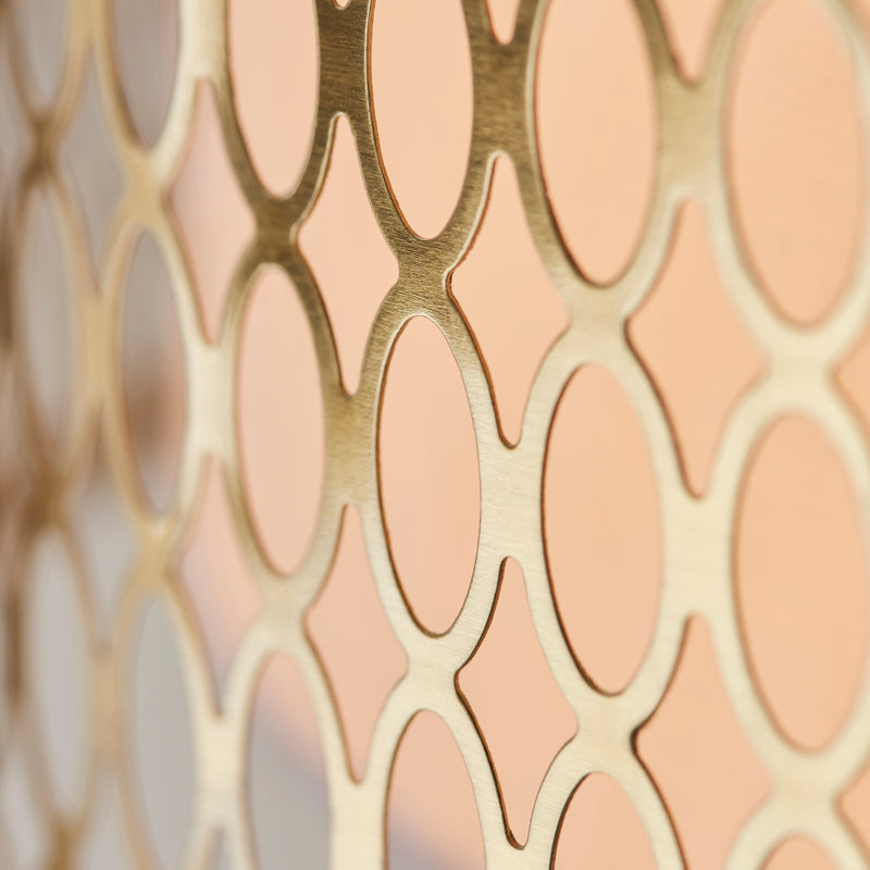 Detail of the gold fretwork finish on the Cordero 3 Light Pendant