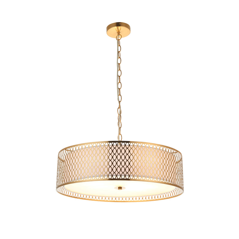 Cordero 3 Light Pendant detail showing the white fabric and frosted glass and fittings