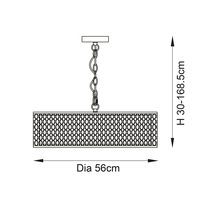 Cordero 3 Light Pendant dimension drawing showing width and drop