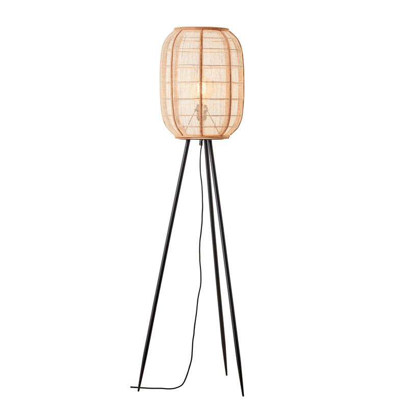 Endon Zaire Tripod Floor Lamp in natural linen and bamboo on a white background