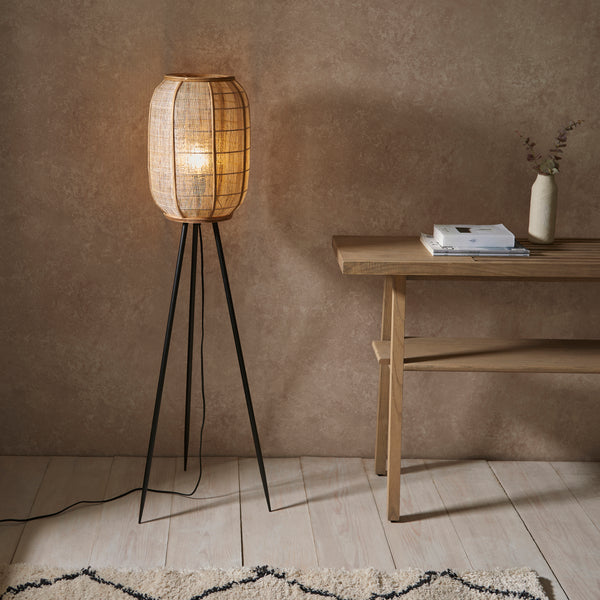 Endon Zaire Tripod Floor Lamp in natural linen and bamboo in a styled living room