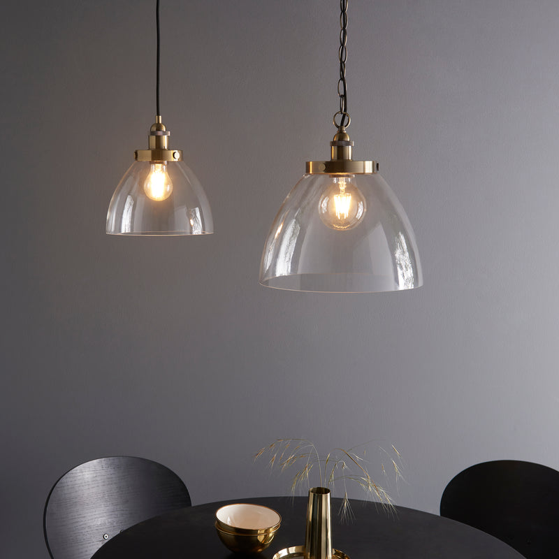 Detail of the antique brass finish on the Hansen Grand Pendant