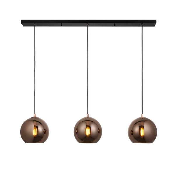 Endon Boli 3 Light Linear Pendant in matt black and copper glass