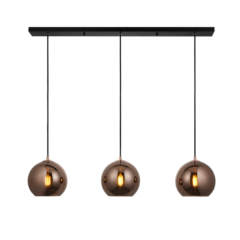 Endon Boli 3 Light Linear Pendant in matt black and copper glass