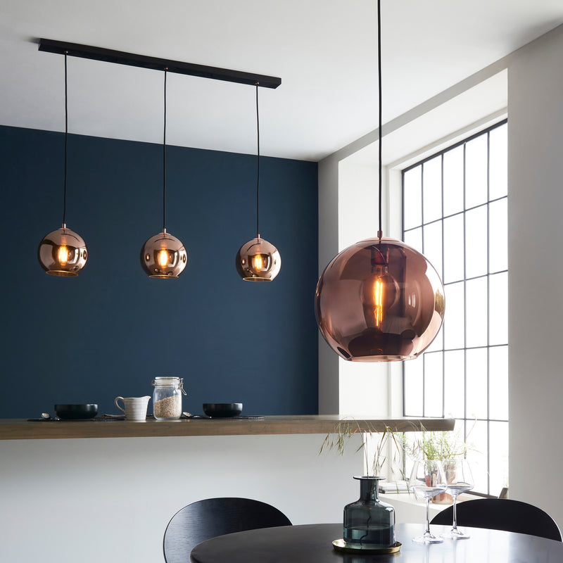 Boli 3 Light Linear Pendant detail showing the metalwork and fittings