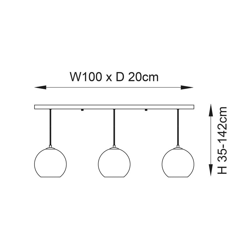 Boli 3 Light Linear Pendant dimension drawing showing width and drop