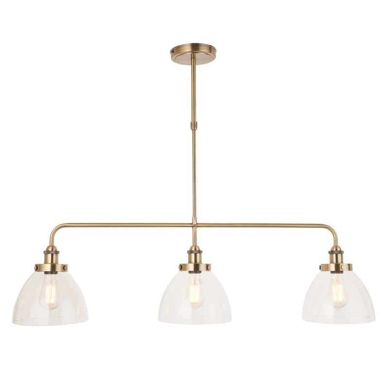Endon Hansen 3 Light Linear Bar Pendant in antique brass with clear glass
