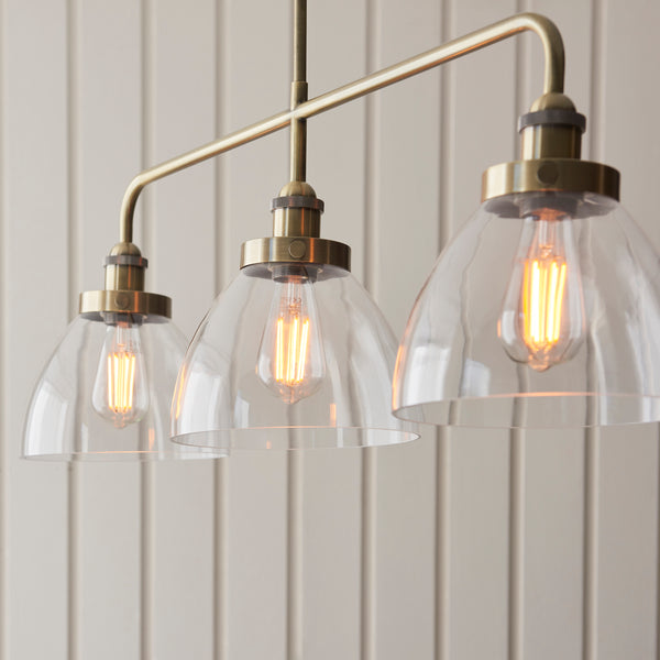 Close-up of the clear glass on the Hansen 3 Light Linear Bar Pendant