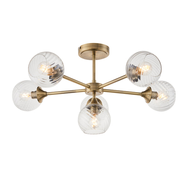 Endon Allegra 6 Light Semi Flush Ceiling Light in antique brass with clear spiral glass