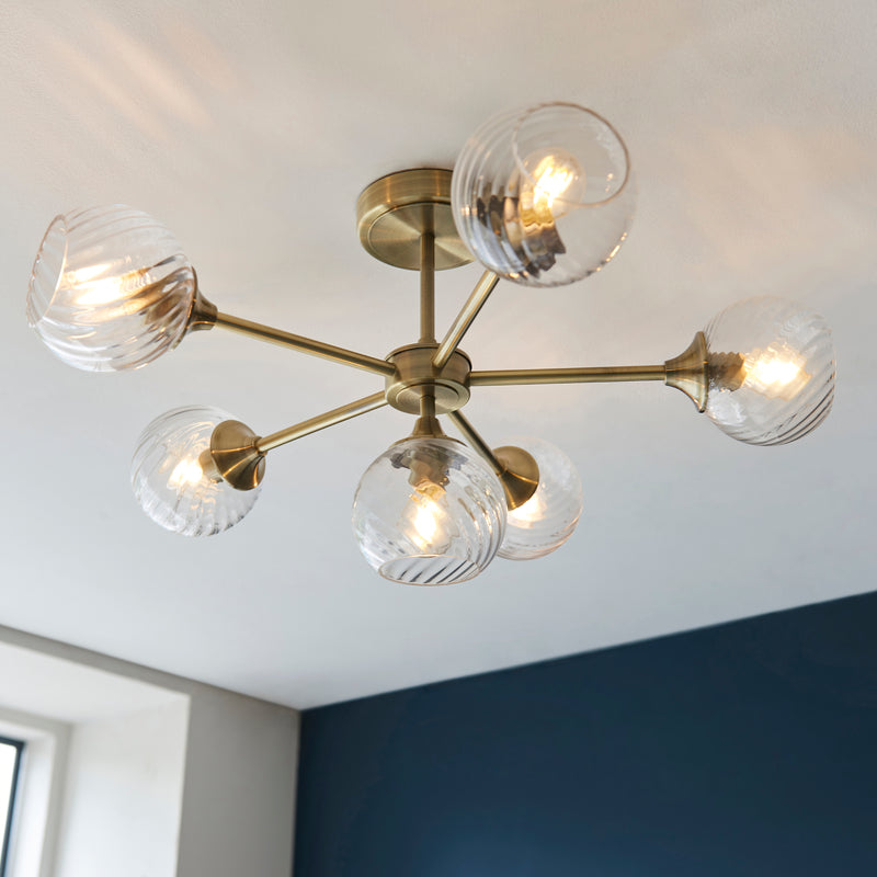 Allegra 6 Light Semi Flush Ceiling Light in antique brass shown in a room setting