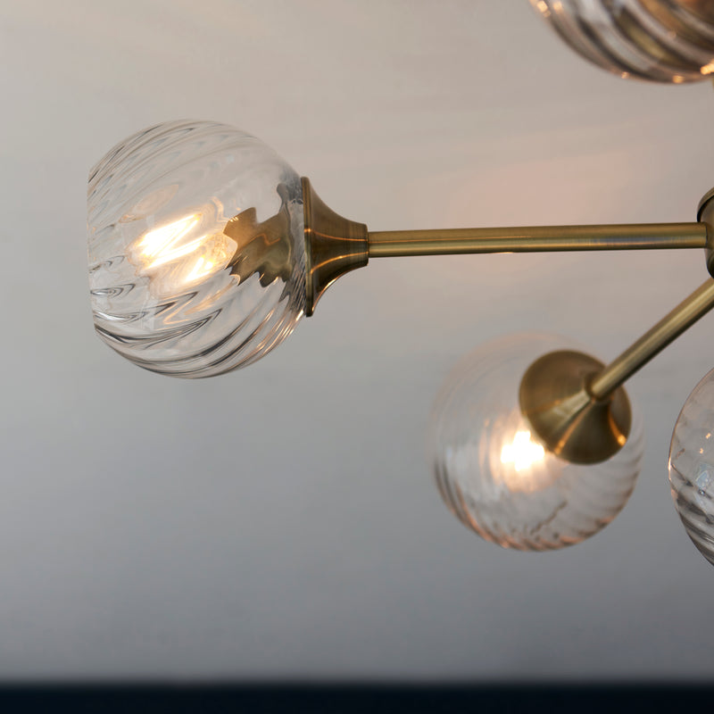 Allegra 6 Light Semi Flush Ceiling Light detail showing the clear spiral glass and fittings