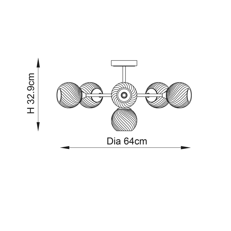 Allegra 6 Light Semi Flush Ceiling Light dimension drawing showing width and depth