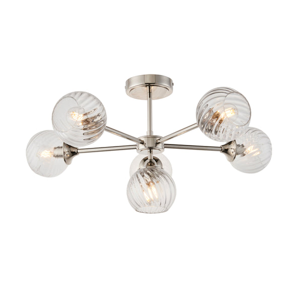Endon Allegra 6 Light Semi Flush Ceiling Light in bright nickel with clear spiral glass
