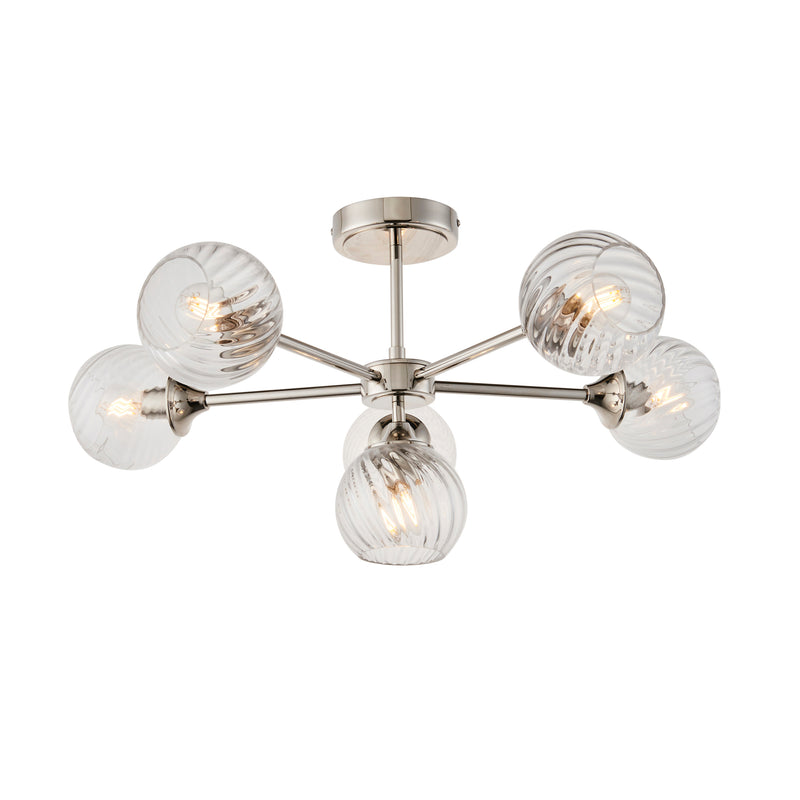 Endon Allegra 6 Light Semi Flush Ceiling Light in bright nickel with clear spiral glass