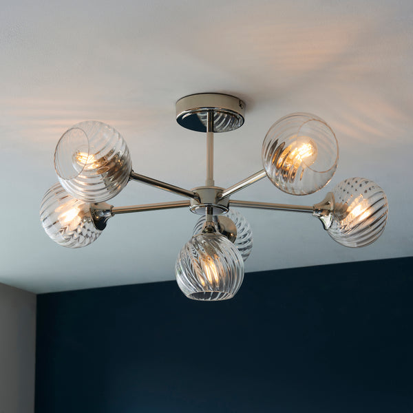 Allegra 6 Light Semi Flush Ceiling Light in bright nickel on a living room ceiling