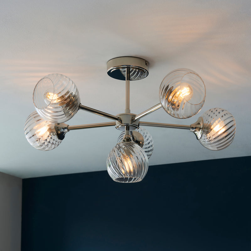Allegra 6 Light Semi Flush Ceiling Light in bright nickel on a living room ceiling