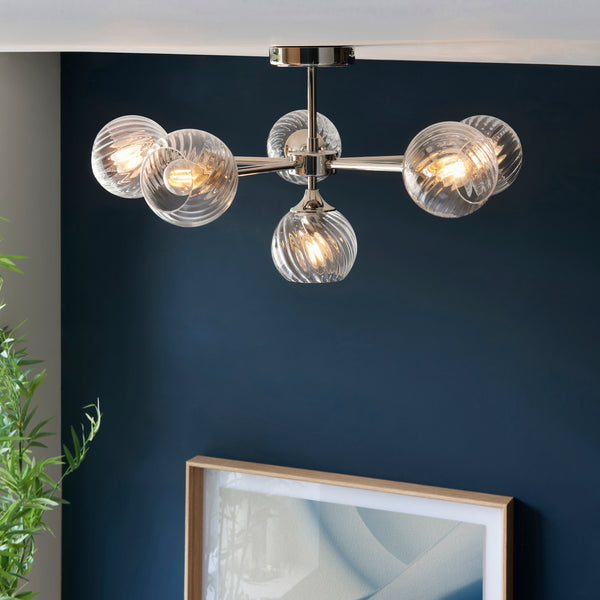 Allegra 6 Light Semi Flush Ceiling Light in bright nickel shown in a room setting