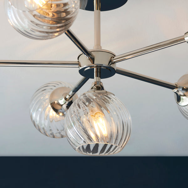 Close-up of the clear spiral glass on the Allegra 6 Light Semi Flush Ceiling Light