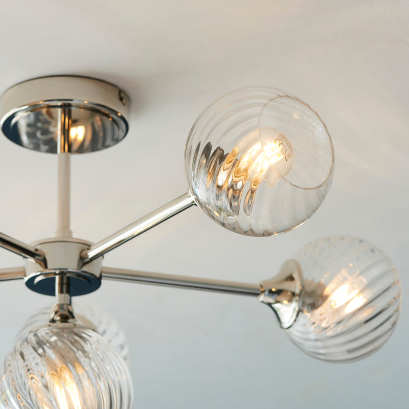 Detail of the bright nickel finish on the Allegra 6 Light Semi Flush Ceiling Light