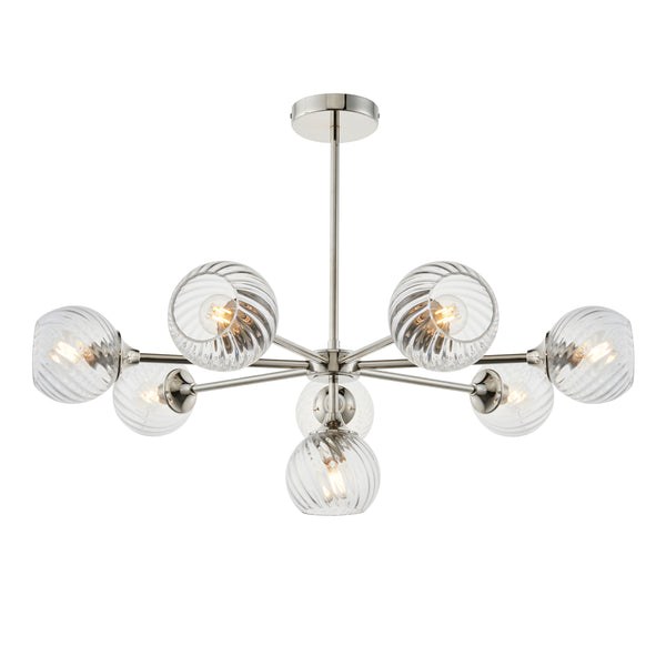 Endon Allegra 8 Light Chandelier in bright nickel with clear spiral glass