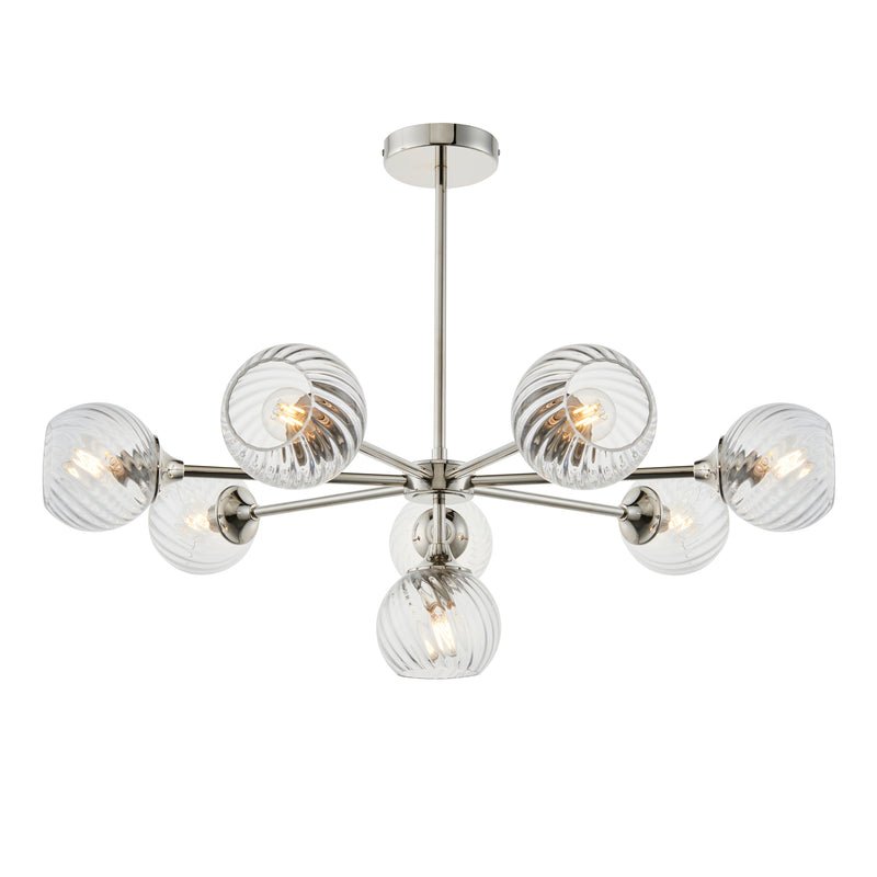 Endon Allegra 8 Light Chandelier in bright nickel with clear spiral glass