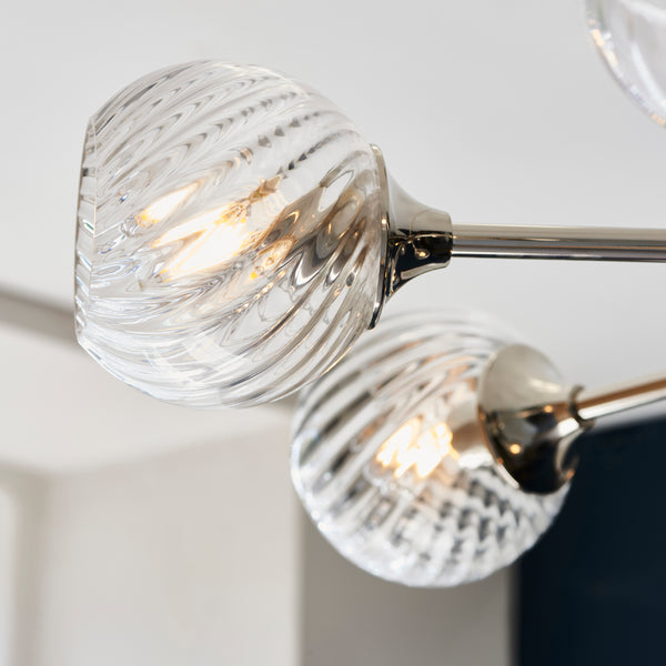 Close-up of the clear spiral glass on the Allegra 8 Light Chandelier