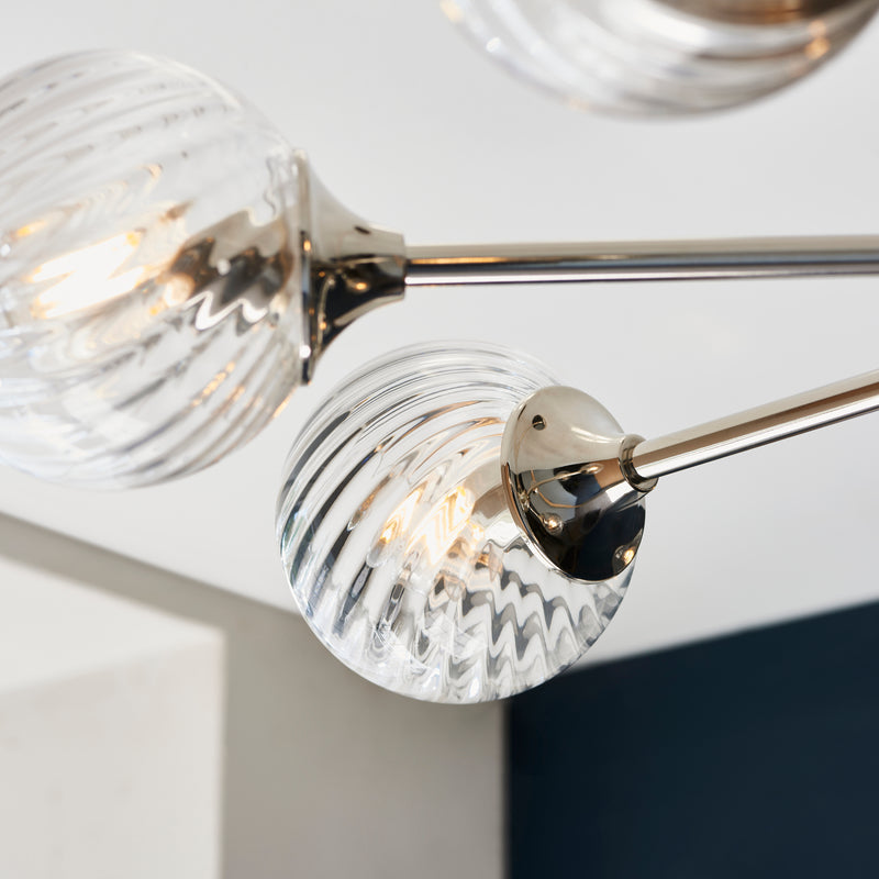 Detail of the bright nickel finish on the Allegra 8 Light Chandelier