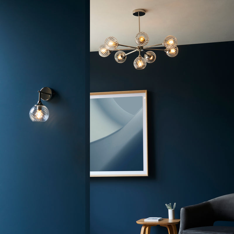 Allegra 8 Light Chandelier detail showing the clear spiral glass and fittings