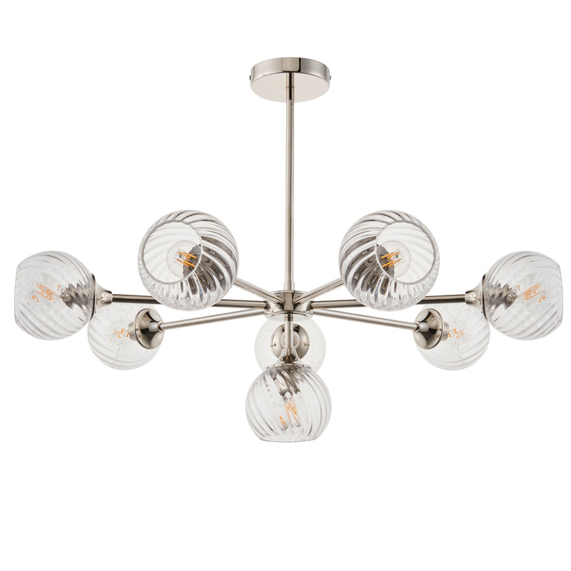 Close-up of the Allegra 8 Light Chandelier ceiling plate and fittings